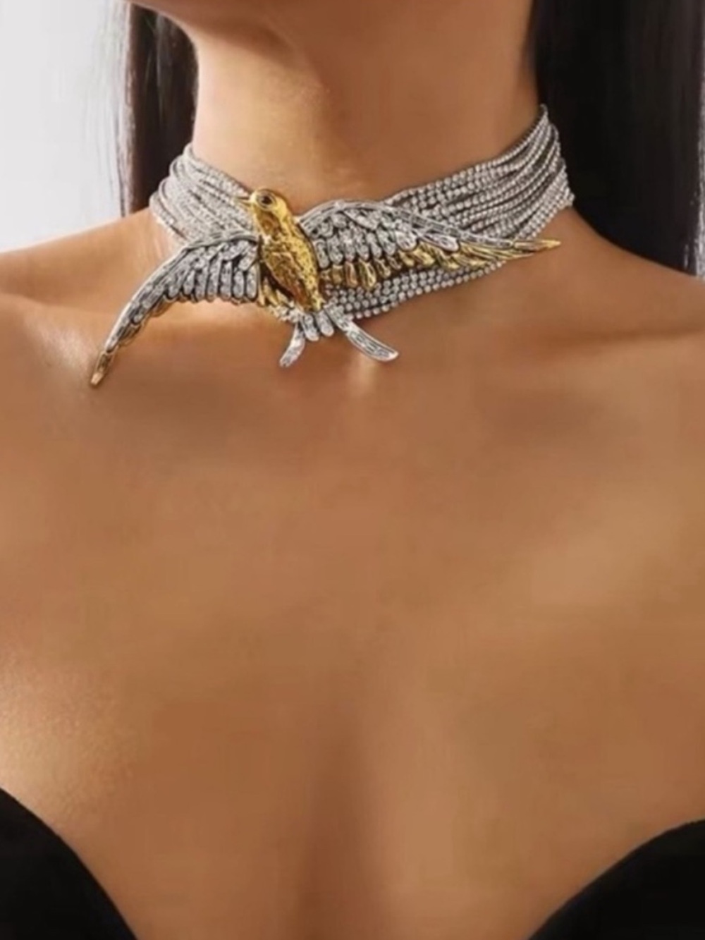 Celestial Winged Bird Collar Necklace in Silver and Gold